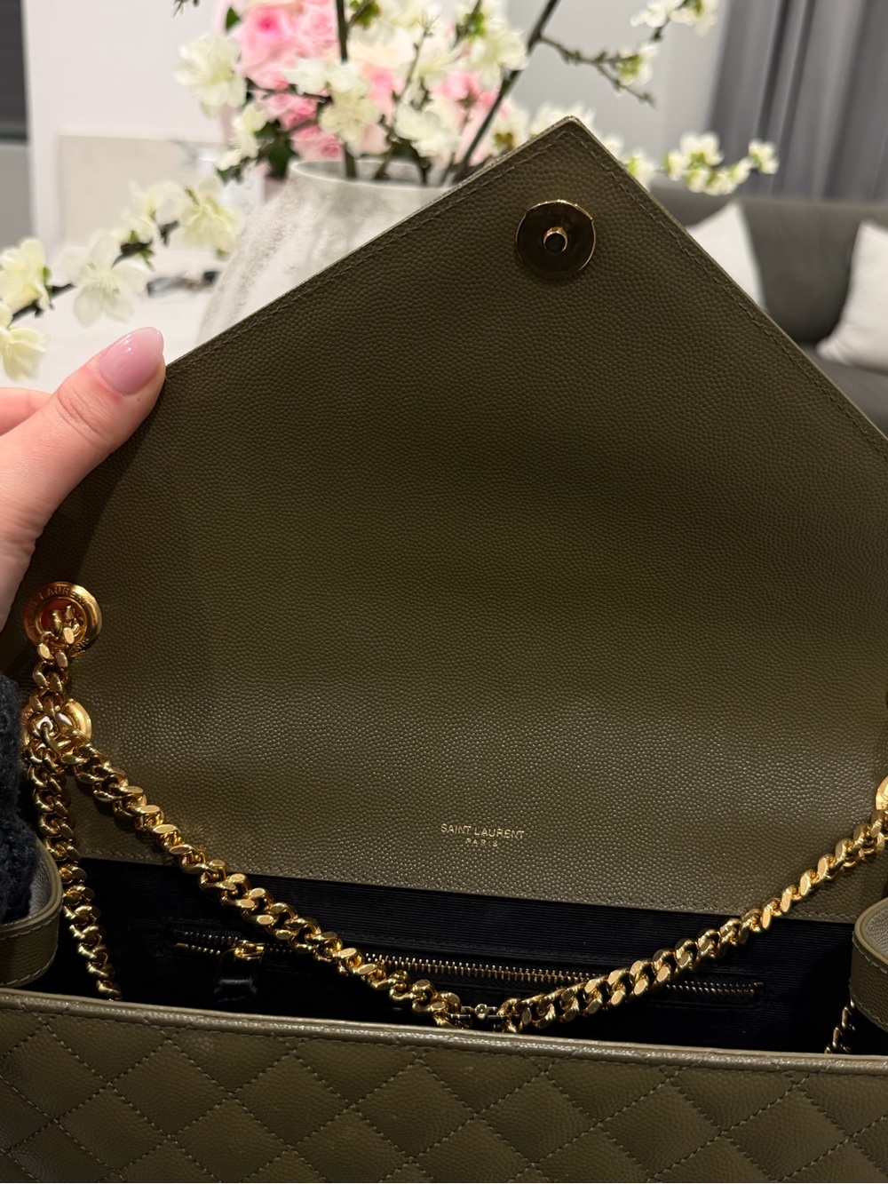 Saint Laurent Quilted Olive Green Envelope Shoulder Bag with Gold Hardware - Picture 9 of 14